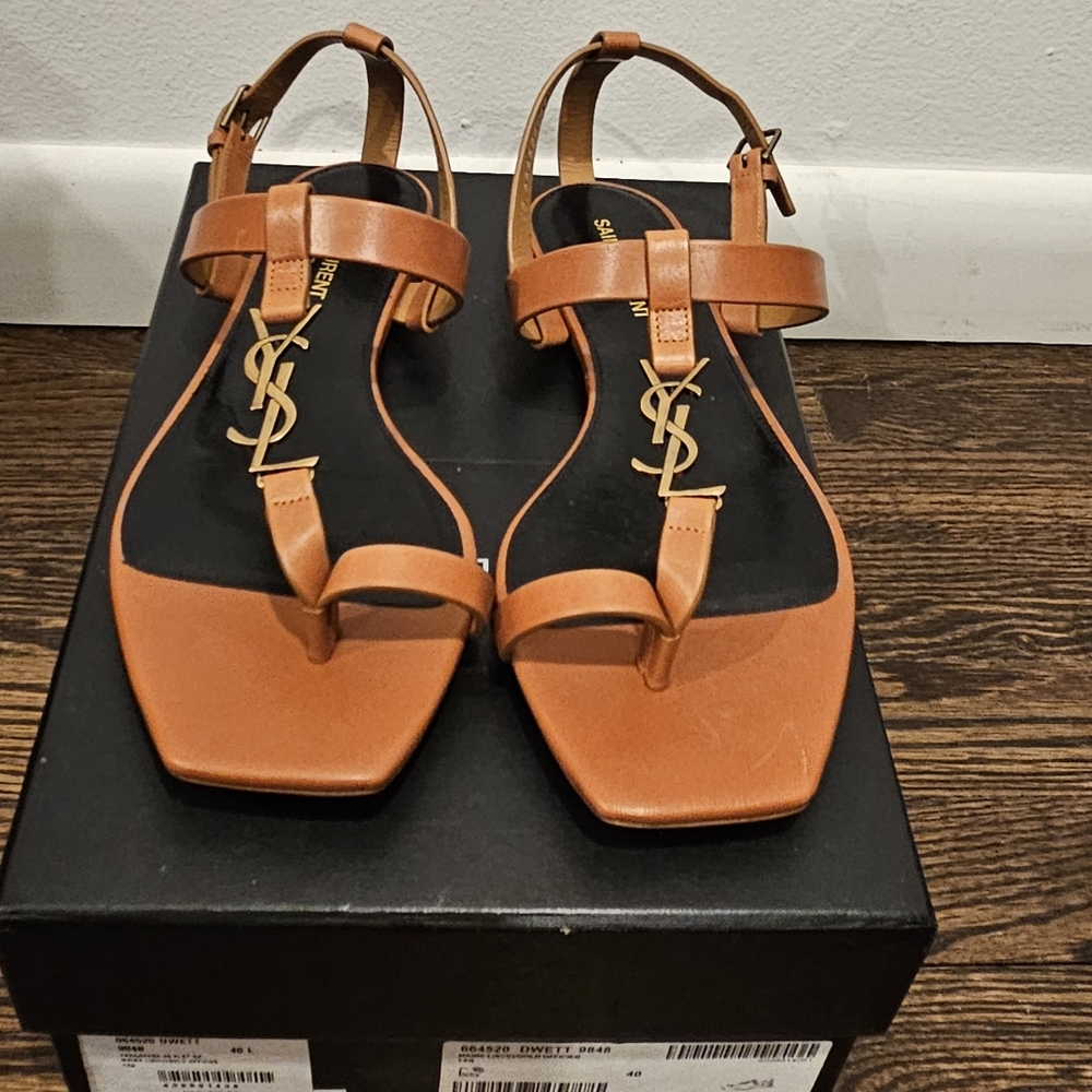 Saint Laurent Cassandra Tan Leather Sandals